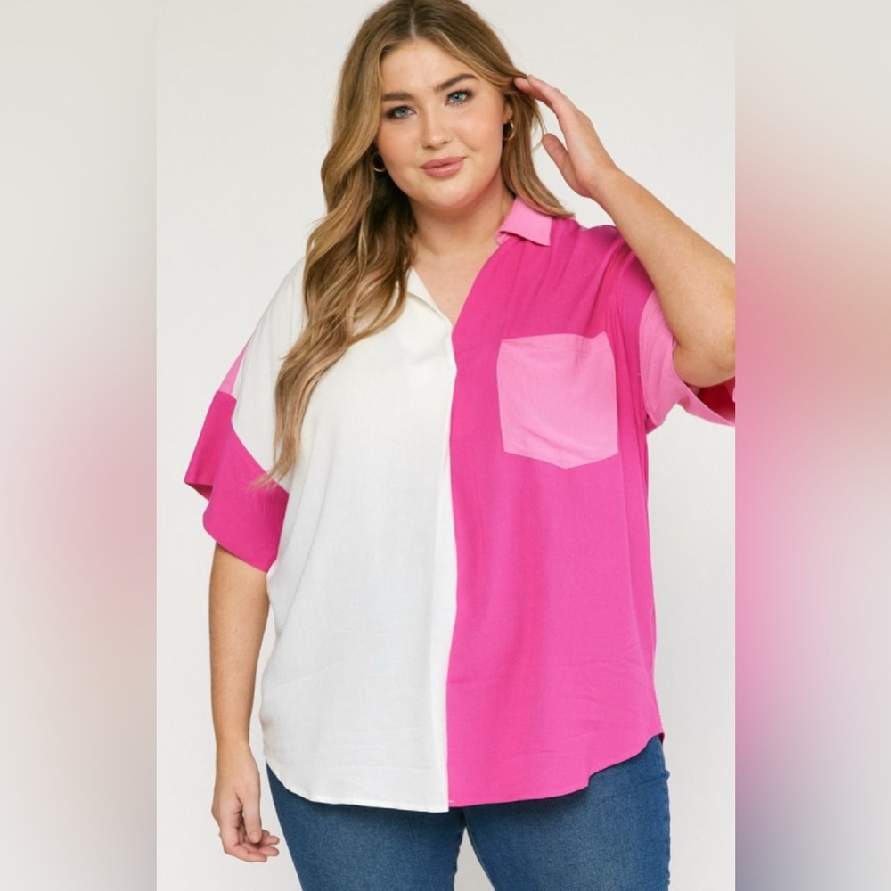entro Colorblock Pink and White Short Sleeve Blouse